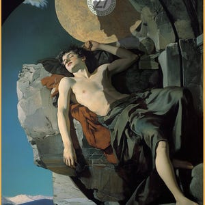 May include: A painting of a young man sleeping on a rocky ledge. He is wearing a dark robe and a red sash. The background is a dark blue sky with a crescent moon.