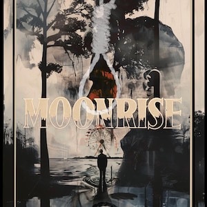 May include: A tarot card with a dark background and a silhouette of a person standing in front of a Ferris wheel. The card has the word "MOONRISE" written in white letters and the number "12" in a black circle. The card has a dark, mysterious, and eerie feel.