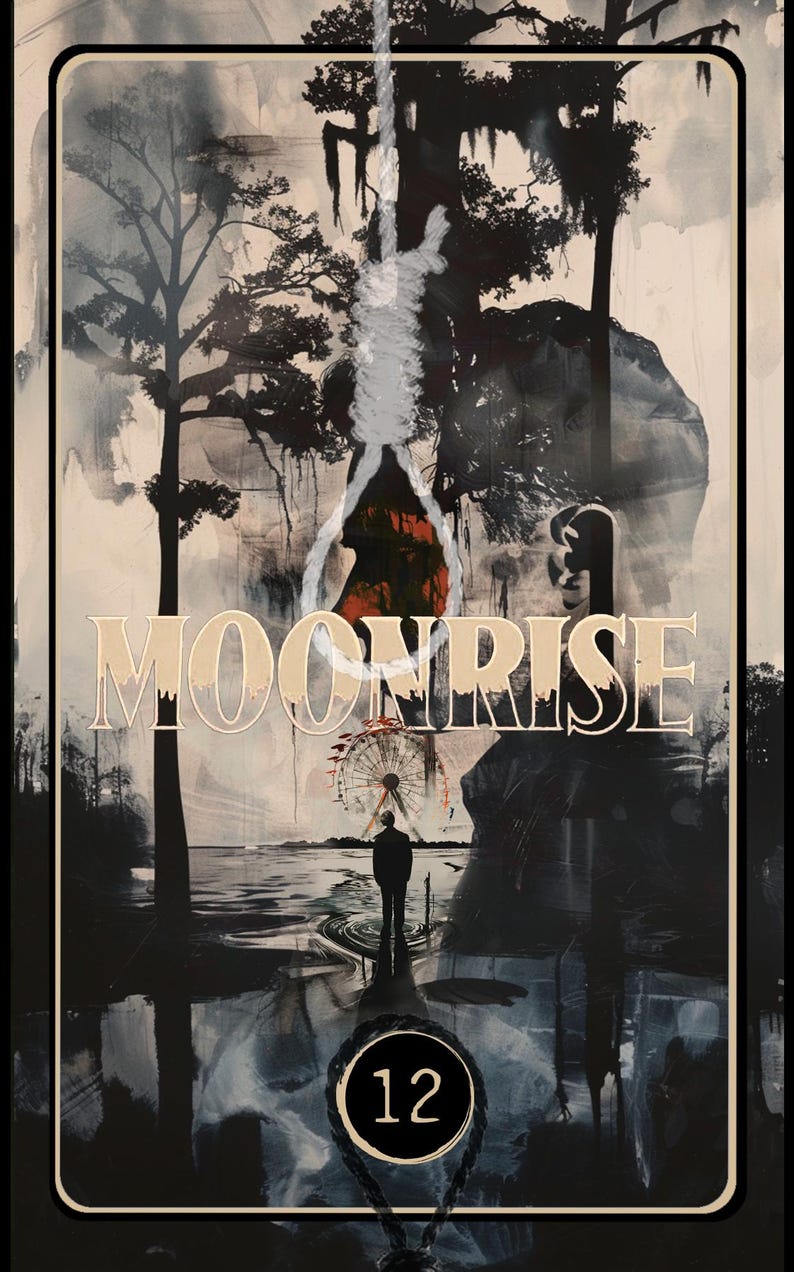 May include: A tarot card with a dark background and a silhouette of a person standing in front of a Ferris wheel. The card has the word "MOONRISE" written in white letters and the number "12" in a black circle. The card has a dark, mysterious, and eerie feel.