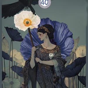 May include: A woman in a blue and gold dress stands in a field of white and blue flowers. She holds a white poppy with a yellow center. A black raven flies overhead. The number 40 is in a circle with a Greek key design.