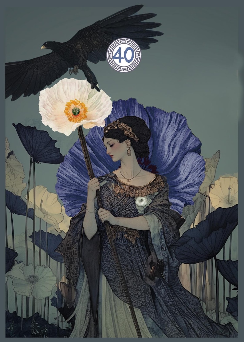 May include: A woman in a blue and gold dress stands in a field of white and blue flowers. She holds a white poppy with a yellow center. A black raven flies overhead. The number 40 is in a circle with a Greek key design.