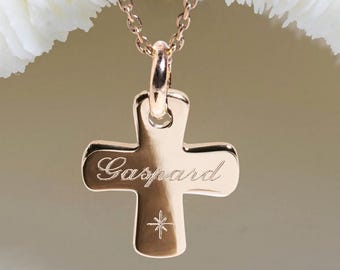 Baptism cross necklace • Gold-plated cross with name and celestial star, 15mm • Baptism necklace • Baptism gifts • Cross gifts • Cross jewelry