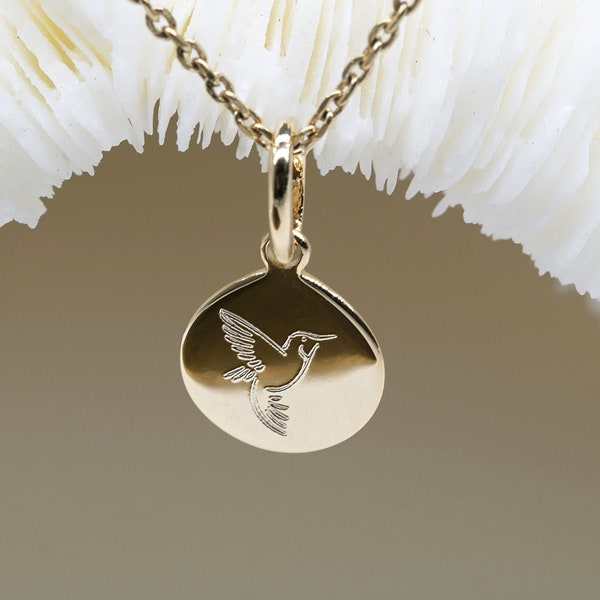 Pendentif COLIBRI 10 mm • médaille oiseau colibri • Médaille à graver HUMMINGBIRD  • bijou plaqué or 18K ou argent 925 • colibri charms