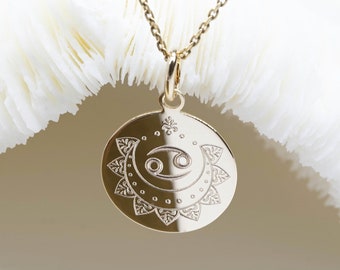 Astrologie-Halskette • Vergoldeter ASTROLOGISCHES ZEICHEN Mandala-Anhänger 17 mm • STERNZEICHEN-Halskette mit Sternzeichen • Astrologie-Tierkreis-Schmuck