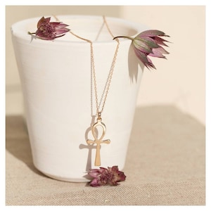 May include: A gold chain necklace with an ankh pendant. The necklace is displayed on a white ceramic pot with dried flowers.