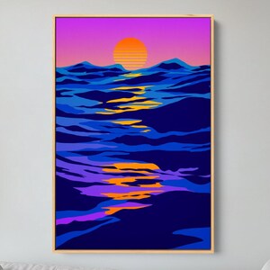 Levendige zonsondergang kunstprint: canvas muurkunst, maximalistische muurkunst