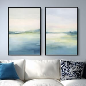Blue Green Abstract Paintings - SET OF 2 Framed Canvas Prints