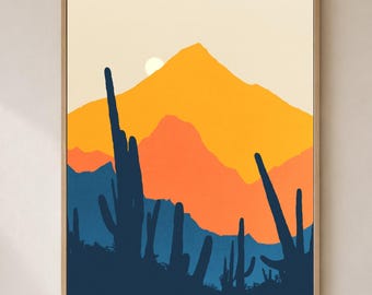Modern Desert Wall Art, Saguaro Landscape Print, Framed Canvas Art