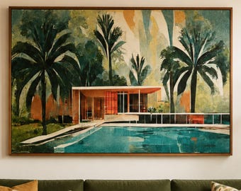 Mid Century Modern House Art: Framed Canvas Print
