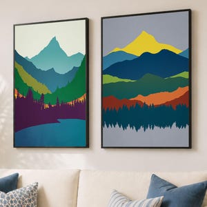 Mid Century Modern Wall Art Set of 2, Abstract Mountain Landscape Prints, Framed Art Prints