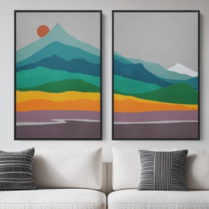 Conjunto de arte em tela de montanha moderna de meados do século: decoração de parede com paisagem