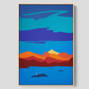 May include: A framed vertical wall art print featuring a stylized landscape with a deep blue lake in the foreground, layered orange and red mountains in the mid-ground, and a bright blue sky with dark blue cloud bands above a yellow peak.