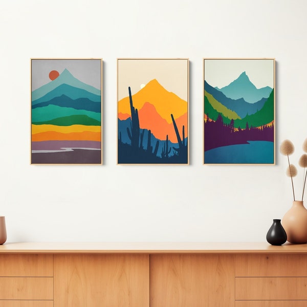 Abstract Wall Art Framed, Set of 3 Canvas Art Prints, Mid Century Modern Mountain Wall Art, Gallery Wall Art