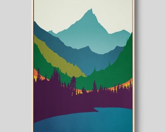 Mid Century Modern Canvas Art Print, Modern Abstract Art, Blue Green Mountain Valley, Mountain Artwork