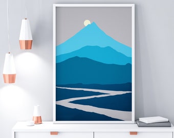 Blue Mountain Print, Mountain Landscape, Minimalist Poster, Framed Mountain Art, Extra Large Wall Art, Office Decor