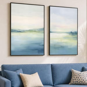 Blauwgroene abstracte muurkunst ingelijst - SET VAN 2 canvasafdrukken