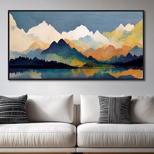 Mountain Wall Art - Framed Canvas Art, Large Watercolor Painting, Panoramic Mountain Print, Modern Landscape Art, Original Art
