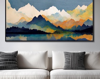 Mountain Wall Art - Framed Canvas Art, Large Watercolor Painting, Panoramic Mountain Print, Modern Landscape Art, Original Art