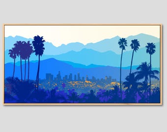 Puede incluir: Una impresión de arte mural rectangular enmarcada que presenta una silueta de paisaje urbano estilizado contra cadenas montañosas azules en capas. El primer plano muestra siluetas de palmeras azul oscuro y luces de ciudad en tonos amarillos.