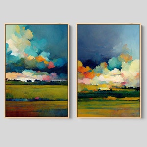 Texas Landscape Paintings, Watercolor Paintings, Abstract Landscape Wall Art Framed, Set of 2 Wall Decor
