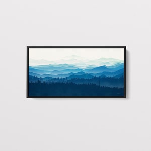 Blue Mountain Artwork, Framed Canvas Art, Indigo Blue Misty Mountains, Large Landscape Wall Art