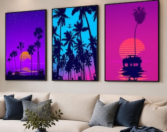 Synthwave Wall Art, 80s Wall Art, Cool Wall Art, Set of 3 Wall Art