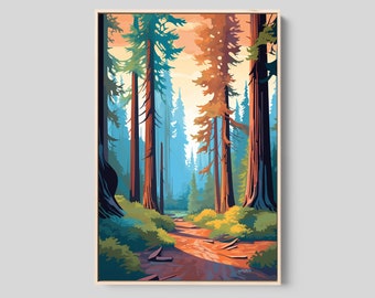 Redwood Forest Wall Art Print, Mid Century Modern Art, Large Canvas Art Framed, Nature Painting, Redwood Poster, Framed Art Print