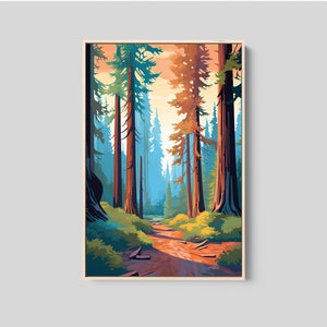 Redwood Forest Wall Art Print, Mid Century Modern Art, Large Canvas Art Framed, Nature Painting, Redwood Poster, Framed Art Print