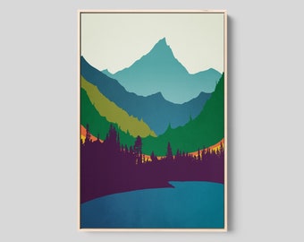 Mid Century Modern Canvas Art Print, Modern Abstract Art, Blue Green Mountain Valley, Mountain Artwork