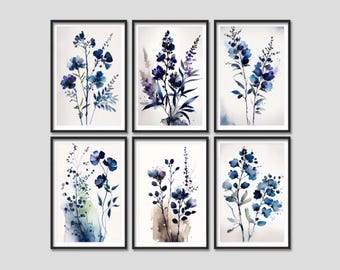 Botanical Watercolor Prints, Blue Wildflowers (Set of 6, Framed)