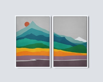 Mid Century Modern Wall Art Set, Large Canvas Wall Art, Canvas Home Decor, Set of 2 Art Prints, Mountain Art