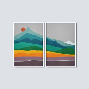 Mid Century Modern Wall Art Set, Large Canvas Wall Art, Canvas Home Decor, Set of 2 Art Prints, Mountain Art