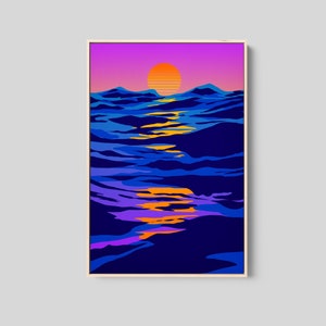 Vaporwave Sunset Canvas Print Framed, Vibrant Wall Art, Retro 80's Wall Decor, Gift for Surfer, Original Art