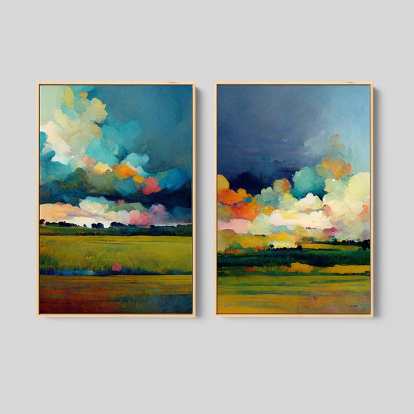 Texas Landscape Paintings, Watercolor Paintings, Abstract Landscape Wall Art Framed, Set of 2 Wall Decor