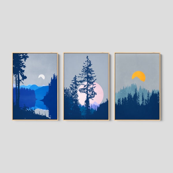 Moon Forest Bedroom Wall Art, Set of 3, Moon Print Set, Pacific Northwest Forest,  Mountain Print, Modern Boho Art