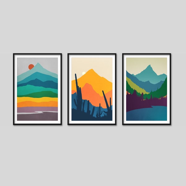 Mid Century Modern Wall Art Framed, Set of 3 Canvas Art Prints, Abstract Mountain Wall Art, Modern Wall Decor