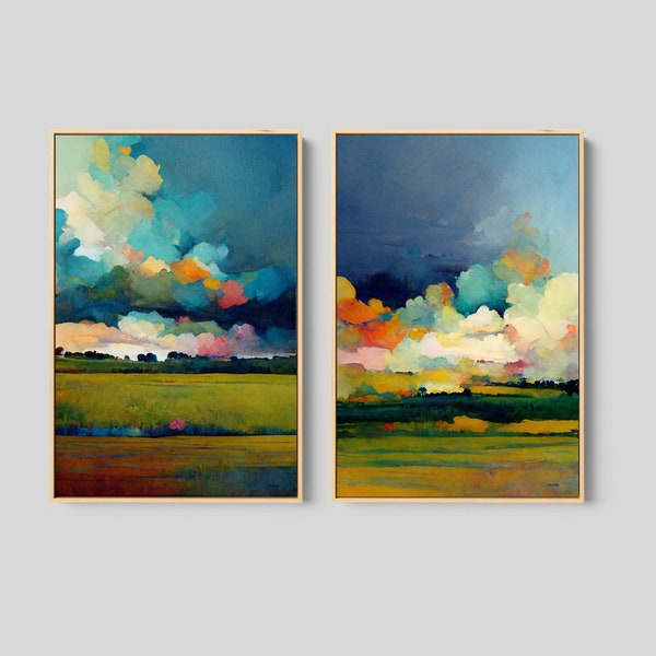 Texas Landscape Paintings, Watercolor Paintings, Abstract Landscape Wall Art Framed, Set of 2 Wall Decor