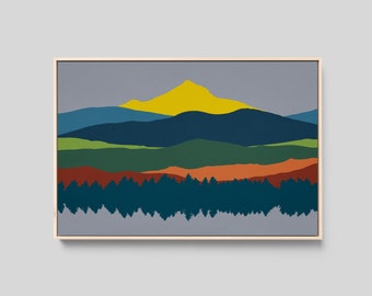 Mount Hood Abstract Mountain Art, Canvas Wall Decor, Mid Century Modern Art, Framed Abstract Art