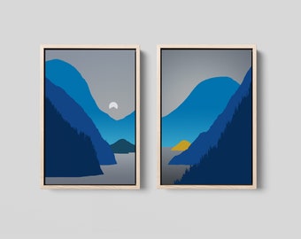 Mountain Wall Art Canvas Print Set, 2 Piece Wall Art Framed, Mountain Art, Moon Artwork, Bedroom Wall Decor, Gallery Wall Art