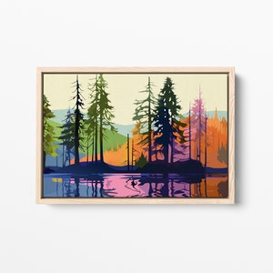 Midcentury Modern Landscape Painting, Canvas Art Framed, Colorful Wall Decor, Lake Art, Large Wall Art