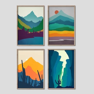 Framed Mid Century Prints, Set of 4  Mountain Wall Artwork, Vibrant Home Decor, Landscape Print Set, 4 Piece Wall Art, Wall Art Bundle