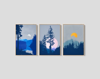 Moon Forest Bedroom Wall Art, Set of 3, Moon Print Set, Pacific Northwest Forest,  Mountain Print, Modern Boho Art