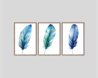 Feather Artwork, Framed Wall Art Set, Watercolor Paintings, Bedroom Wall Art, Minimalist Art