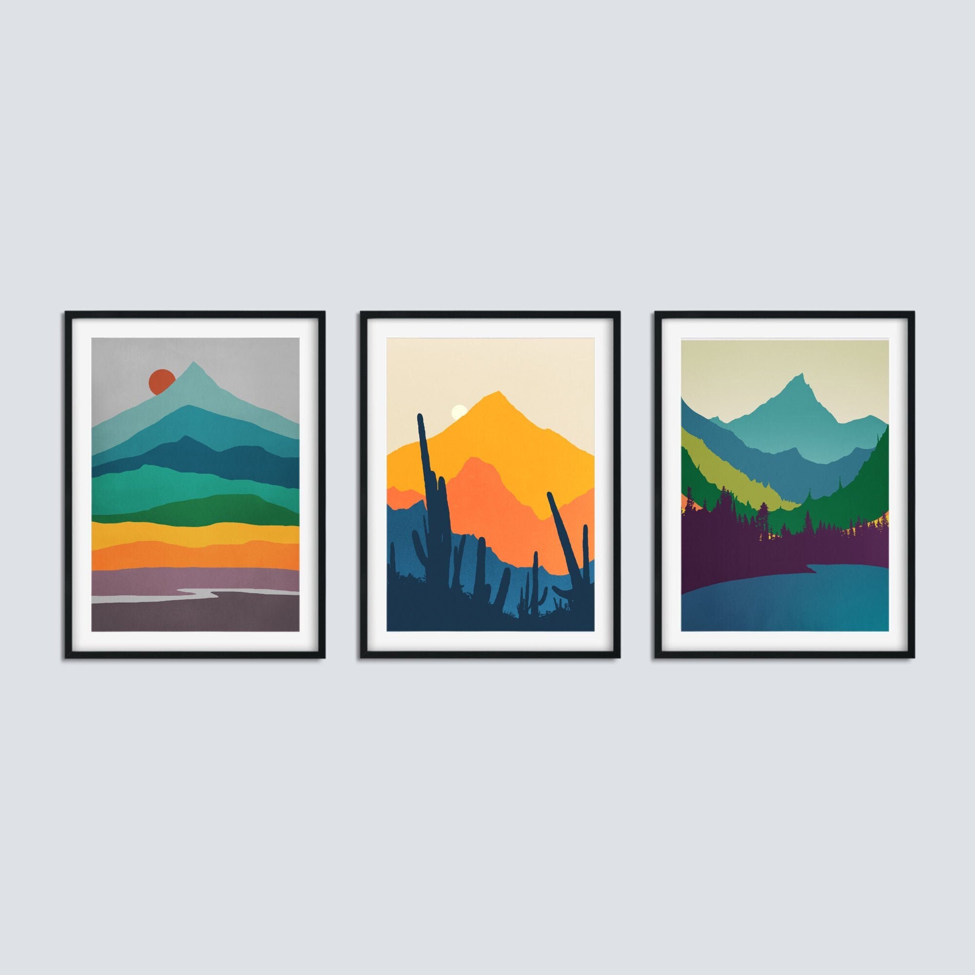 Mountain Wall Art Set of 3 Prints Modern Painting Mid | Etsy