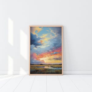 Wood framed canvas print set with colorful country landscapes, dramatic weather, open fields, and western wall art appeal for living rooms or dining rooms.