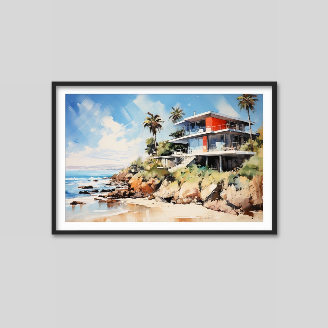 Mid Century Beach House Print Framed Wall Art Mid Century Etsy