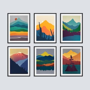 Modern Wall Artwork Set of 6, Mid Century Art Prints, Mountain Art, Office Wall Decor, Modern Print Set, Mid Century Modern Decor