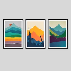 Abstract Wall Art Framed, Set of 3 Canvas Art Prints, Mid Century Modern Mountain Wall Art, Gallery Wall Art image 6