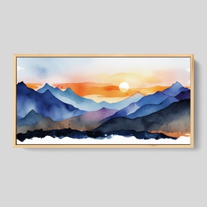 Watercolor Painting of a Mountain Sunset, Large Canvas Print, Mountain Artwork, Guest Room Art, Mountain Print, Panoramic Art