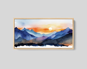 Watercolor Painting of a Mountain Sunset, Large Canvas Print, Mountain Artwork, Guest Room Art, Mountain Print, Panoramic Art